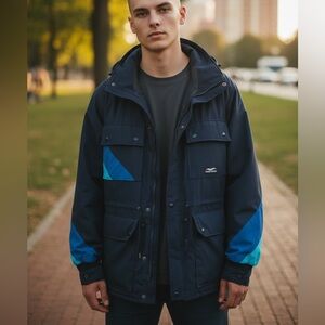 Vintage Blue Skys Men's Navy Colorblock Thinsulate Parka Winter Coat Sz L Cozy